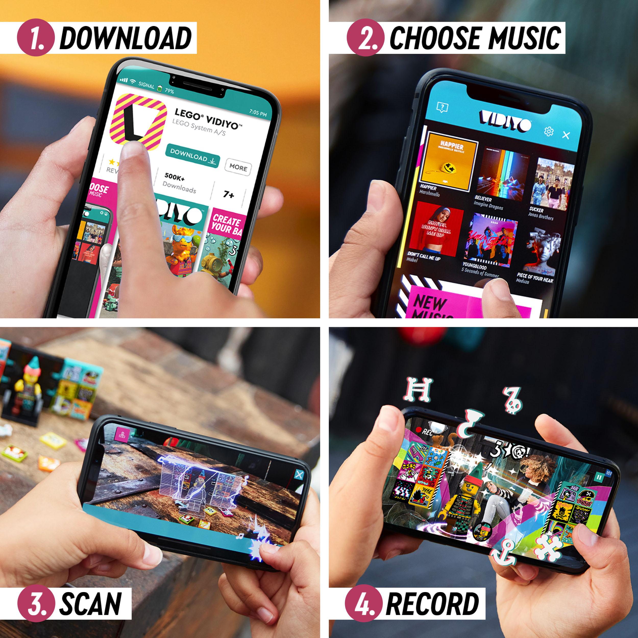 Step-by-step guide to using LEGO® VIDIYO™ app: download, choose music, scan, and record music videos.