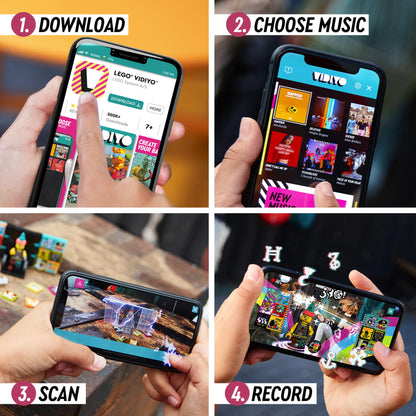Step-by-step guide to using LEGO® VIDIYO™ app: download, choose music, scan, and record music videos.