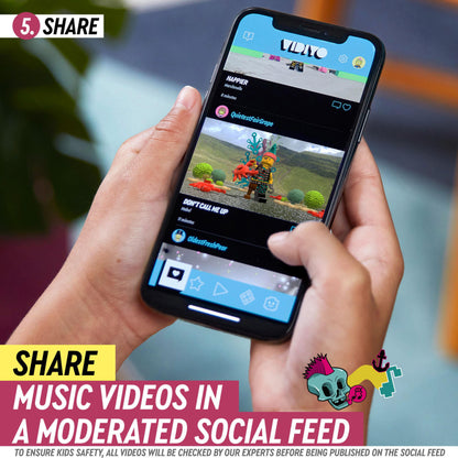 Person sharing music videos on the LEGO® VIDIYO™ app in a moderated social feed for kids' safety.