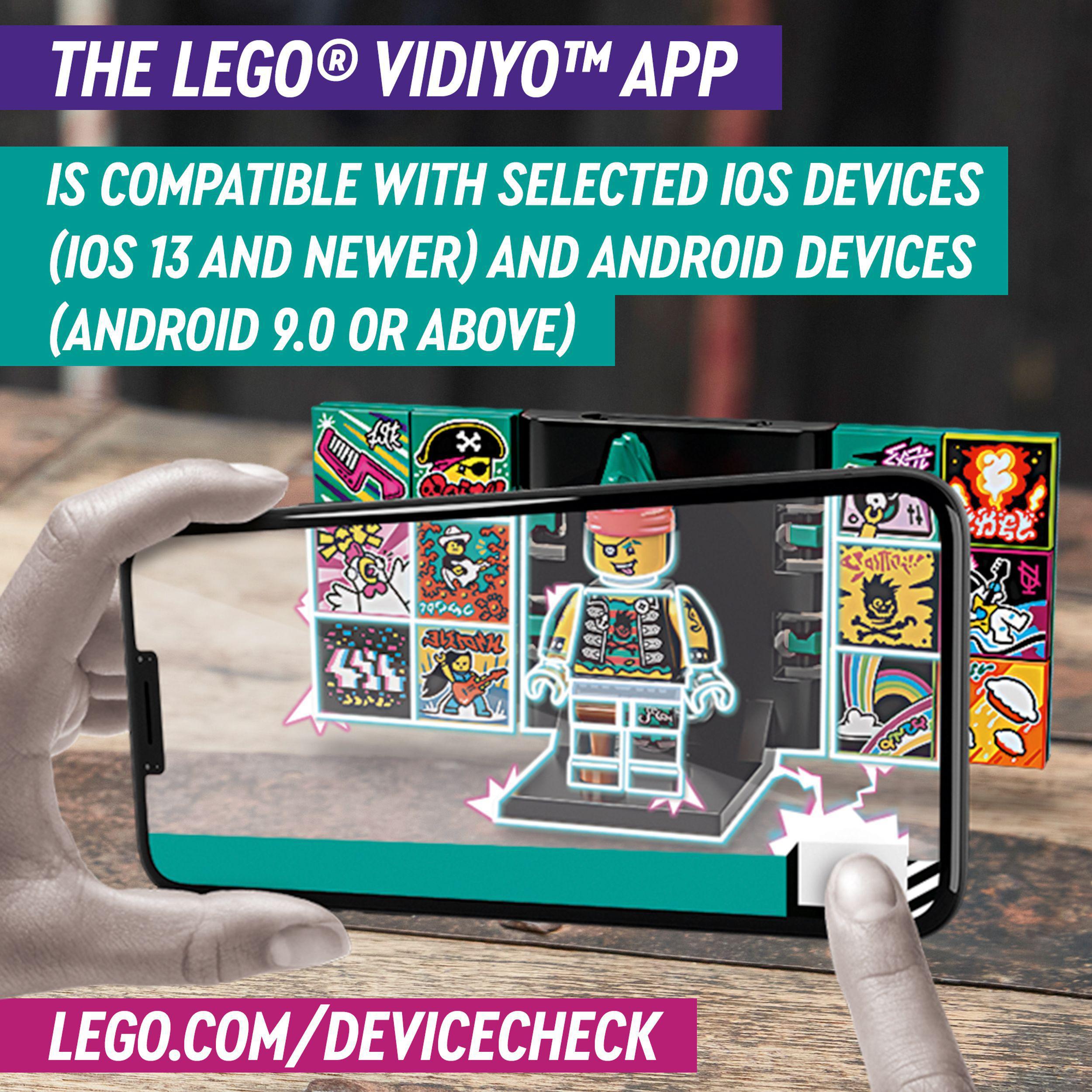 Image showing the LEGO® VIDIYO™ app on a smartphone, highlighting device compatibility for music video creation.