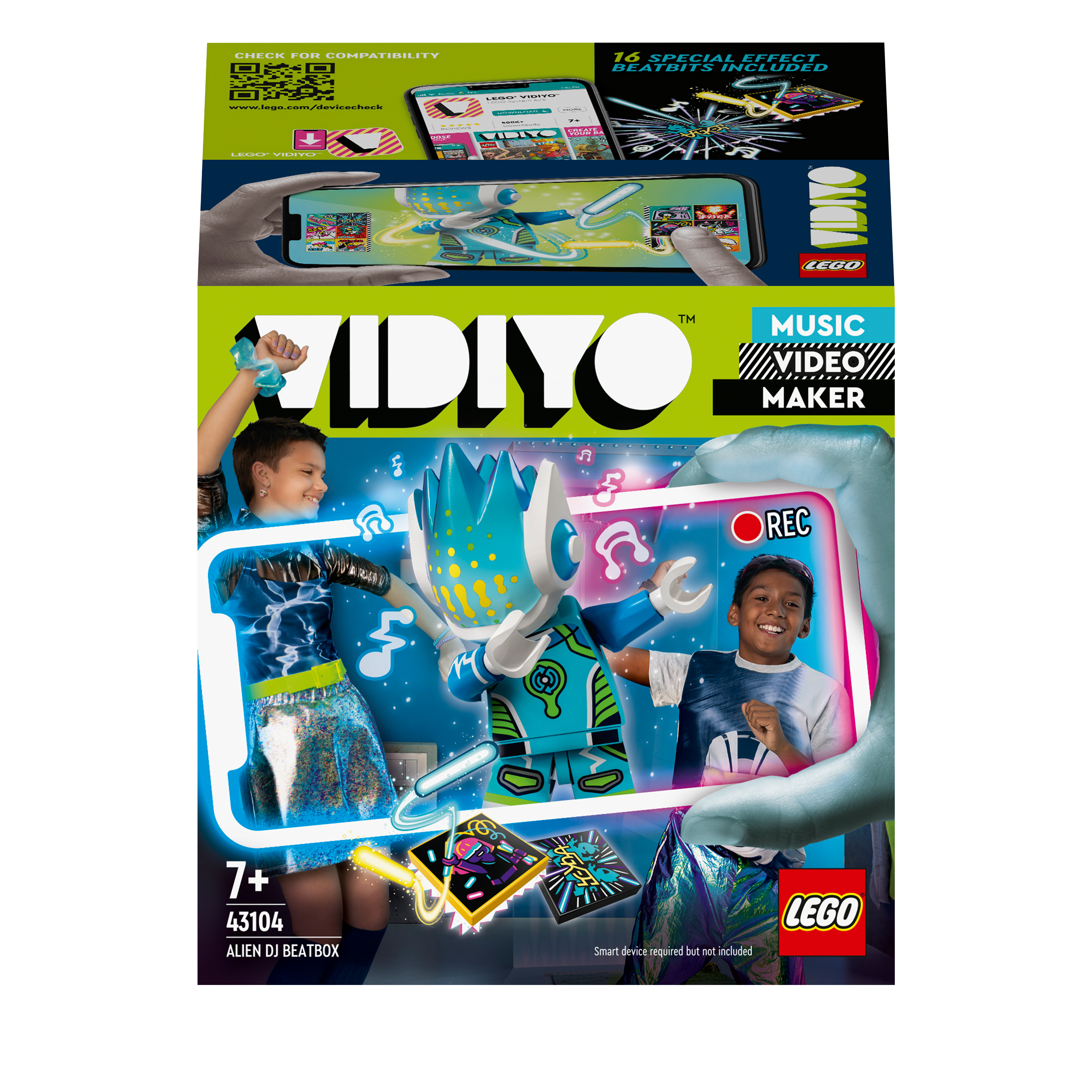 LEGO VIDIYO Alien DJ BeatBox Music Set 43104 with kids creating music videos and colorful app interface.