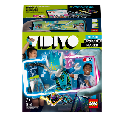LEGO VIDIYO Alien DJ BeatBox Music Set 43104 with kids creating music videos and colorful app interface.