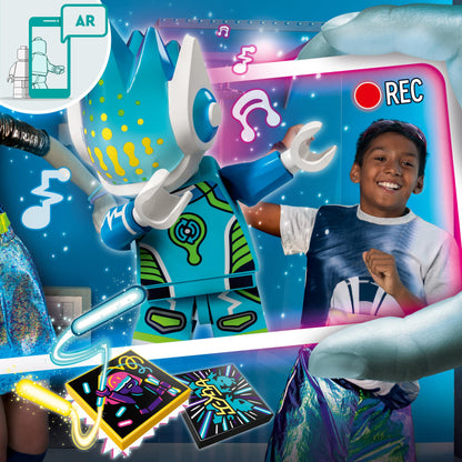 Child enjoying LEGO® VIDIYO Alien DJ BeatBox with AR feature, featuring vibrant colors and musical elements.