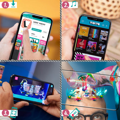 A collage showing kids using the LEGO® VIDIYO app to create music videos with fun music and colorful visuals.