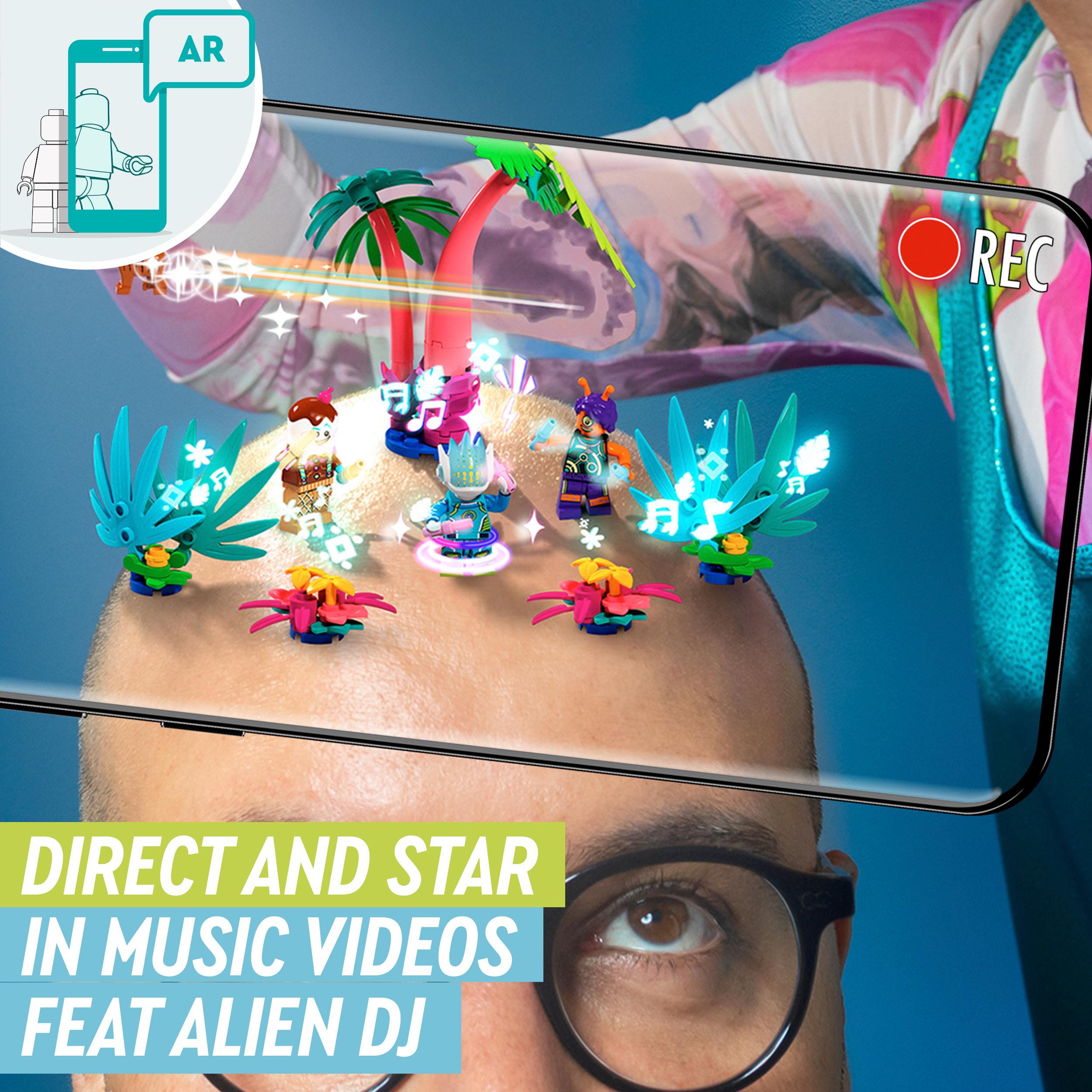 Child using LEGO® VIDIYO Alien DJ BeatBox set in augmented reality to create music videos with colorful characters.