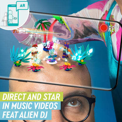 Child using LEGO® VIDIYO Alien DJ BeatBox set in augmented reality to create music videos with colorful characters.