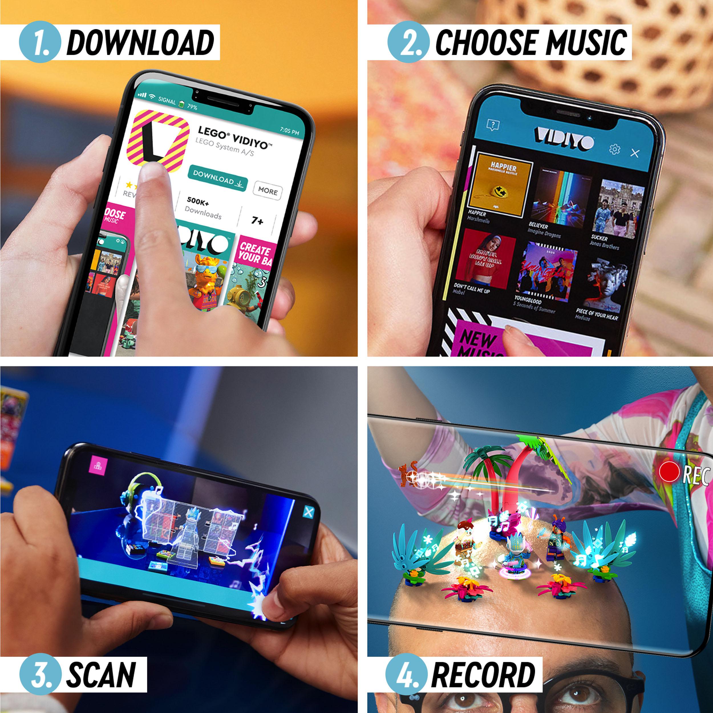 Steps to create music videos with LEGO® VIDIYO: download app, choose music, scan codes, and record performances.