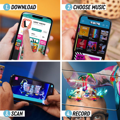 Steps to create music videos with LEGO® VIDIYO: download app, choose music, scan codes, and record performances.