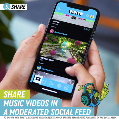 Child sharing music videos on LEGO® VIDIYO™ app with moderated social feed feature for kids.