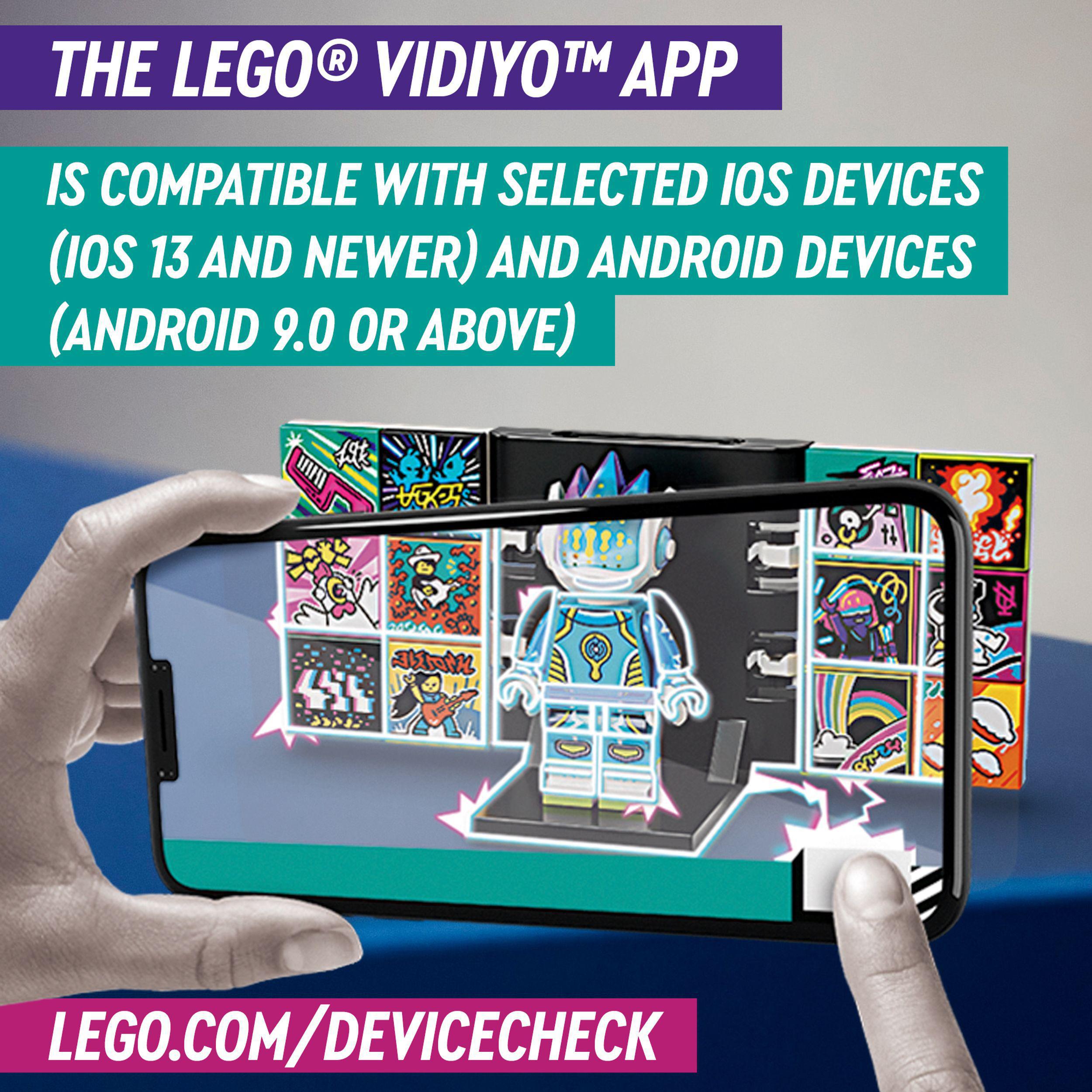LEGO® VIDIYO™ app compatibility with selected iOS and Android devices for music video creation.