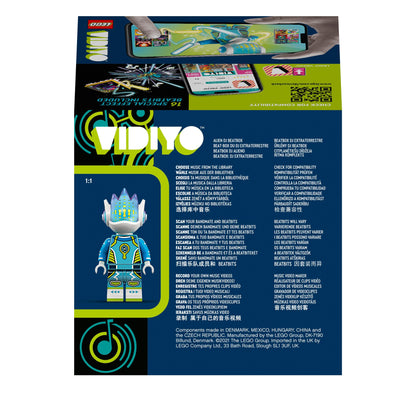 Back of LEGO® VIDIYO Alien DJ BeatBox set packaging showing features and instructions for kids music video creation.