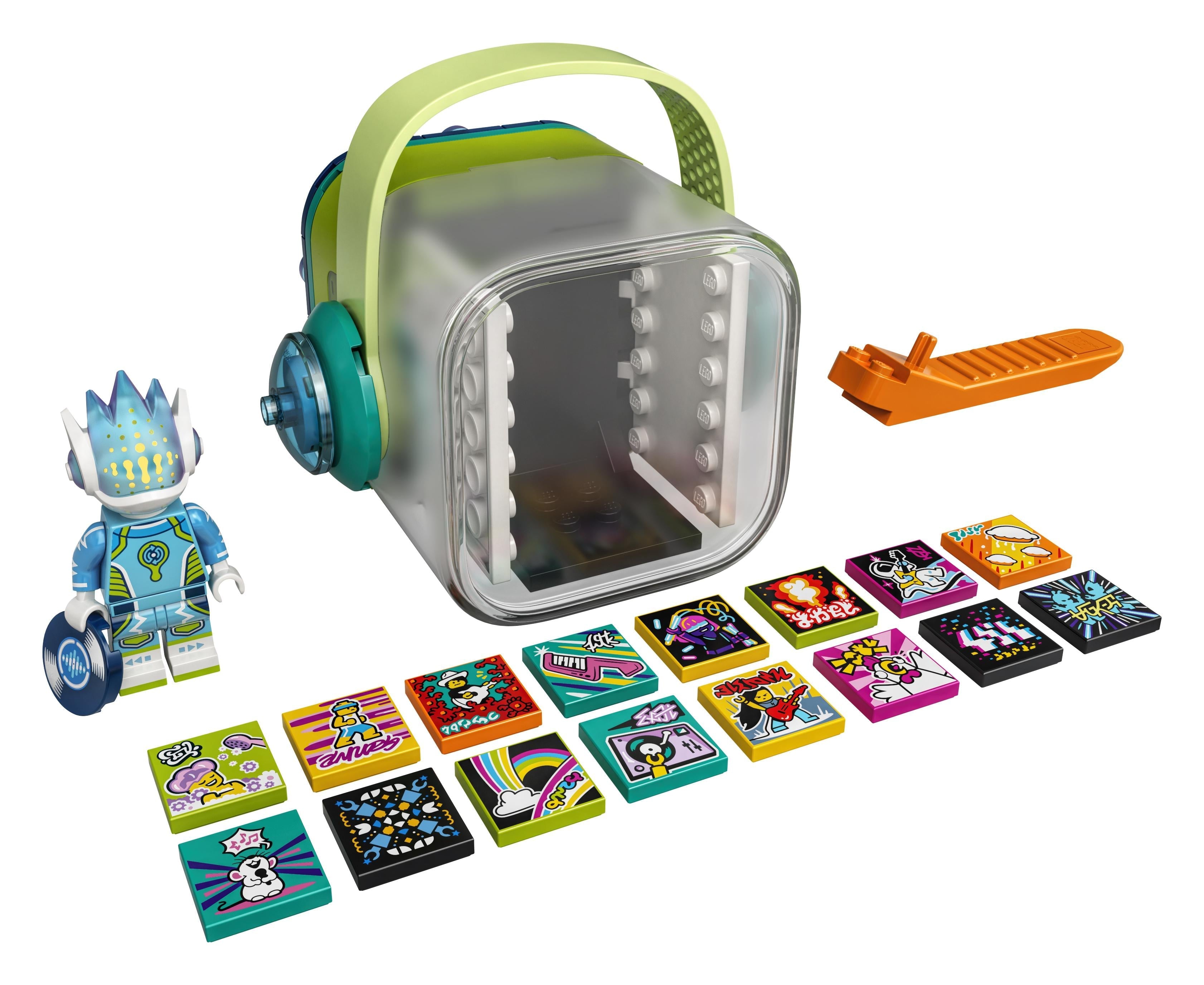 LEGO VIDIYO Alien DJ BeatBox set 43104 featuring colorful tiles and a mini figure for creative music videos.