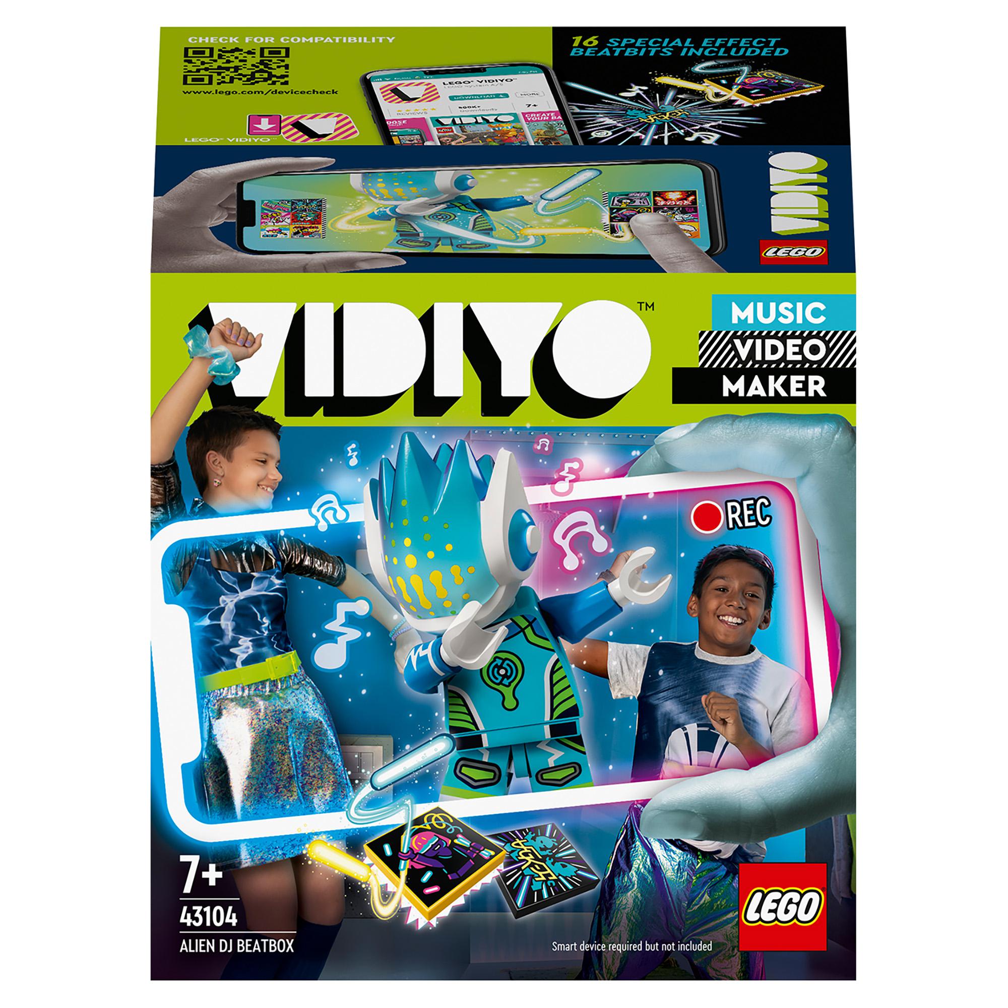 LEGO VIDIYO Alien DJ BeatBox Music Set 43104 showcases kids creating music videos with vibrant character and interactive app.