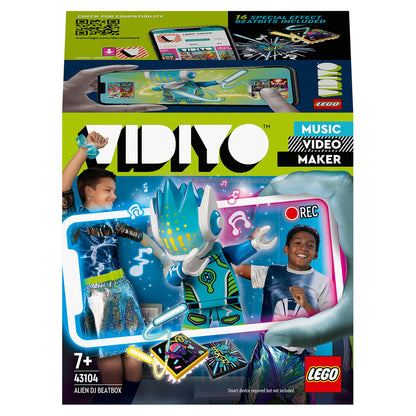 LEGO VIDIYO Alien DJ BeatBox Music Set 43104 showcases kids creating music videos with vibrant character and interactive app.