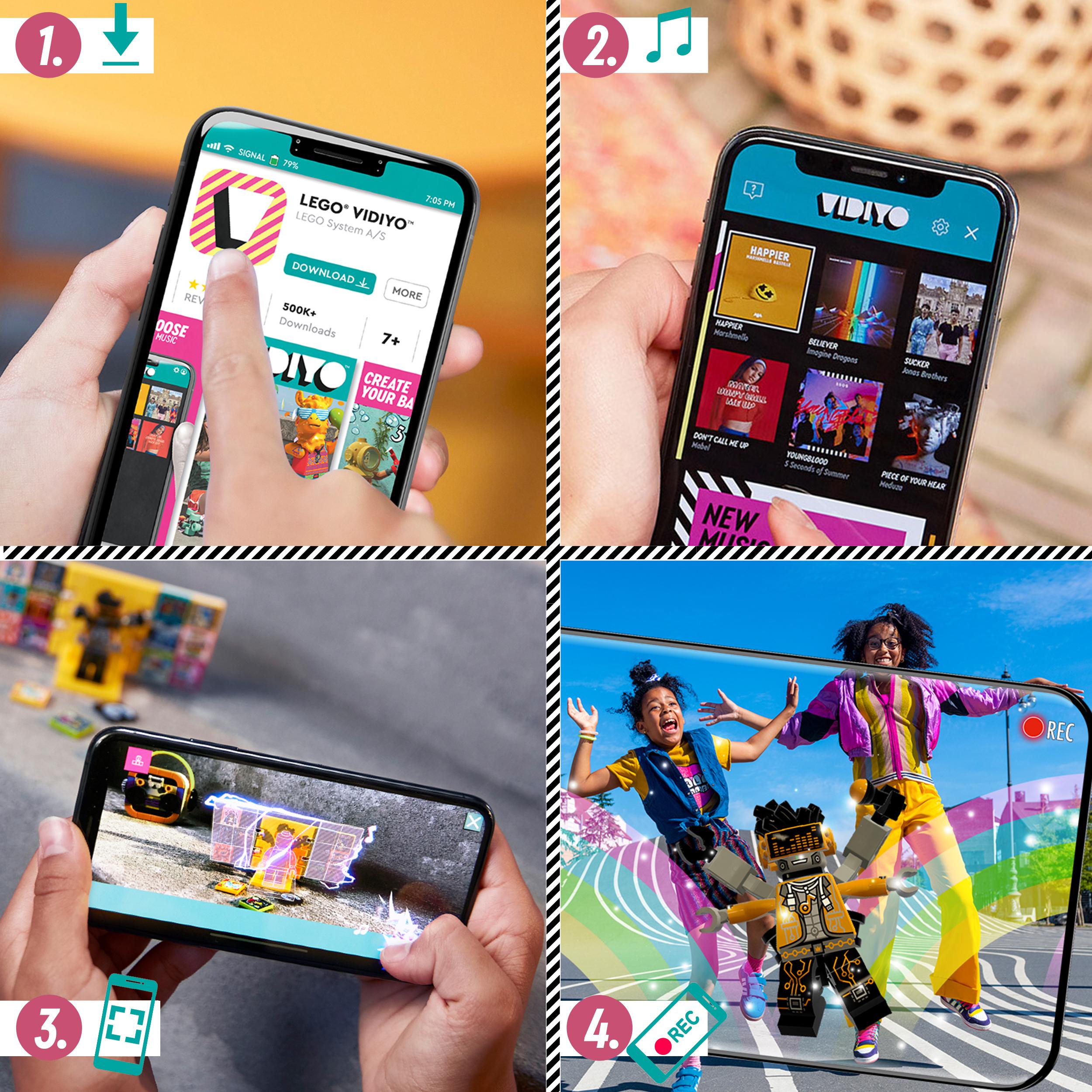 Kids using LEGO VIDIYO app to create music videos with HipHop Robot BeatBox set, showcasing fun and creativity.