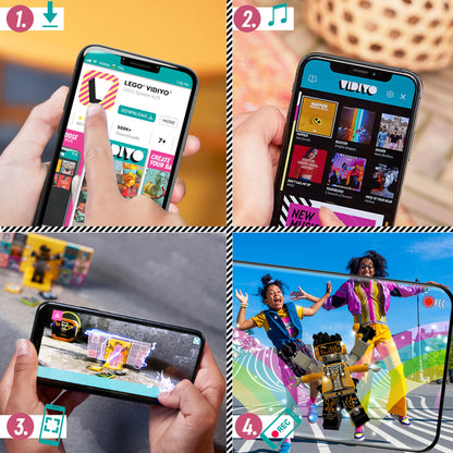 Kids using LEGO VIDIYO app to create music videos with HipHop Robot BeatBox set, showcasing fun and creativity.