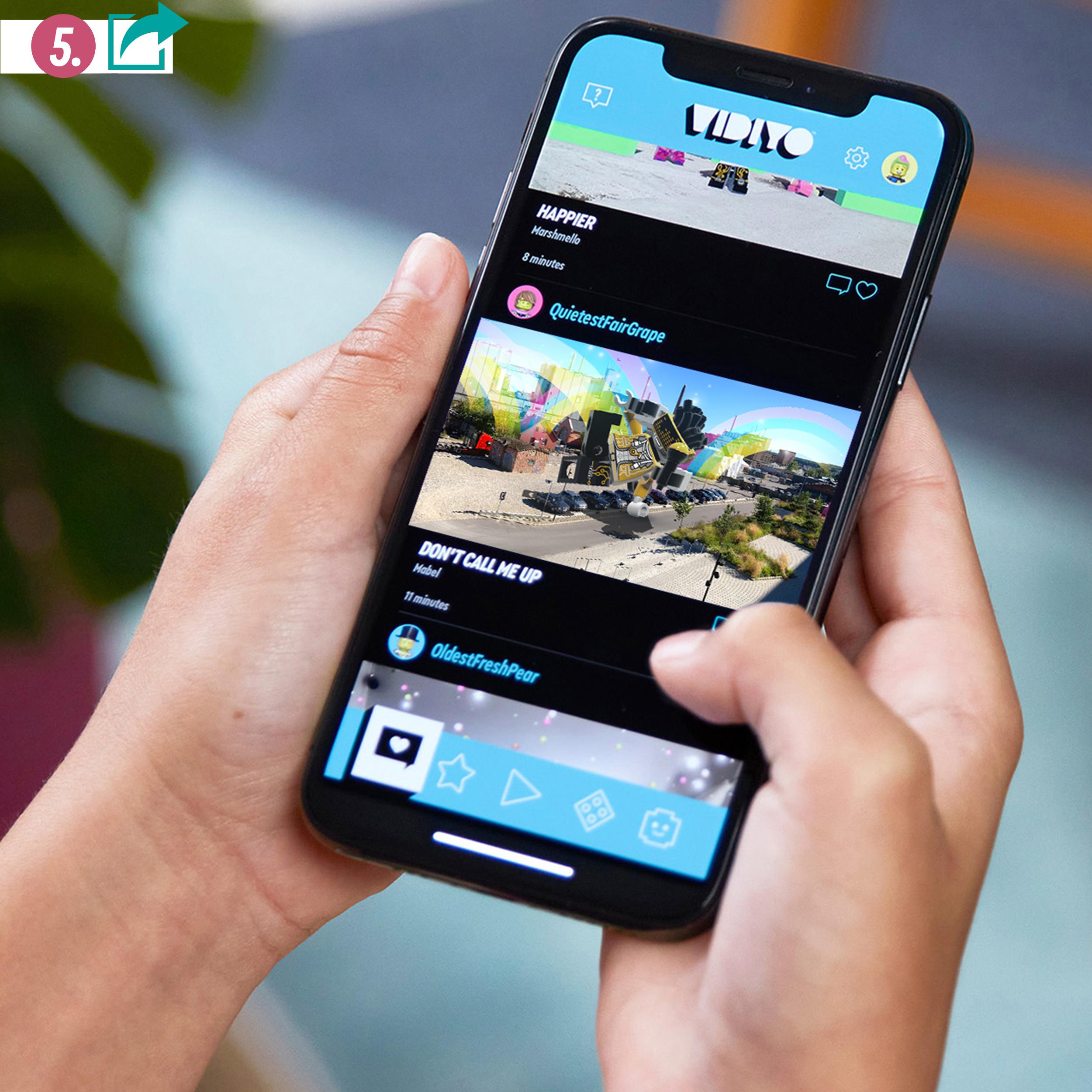 Child using LEGO® VIDIYO app to create music videos, showcasing engaging dance and animation features.