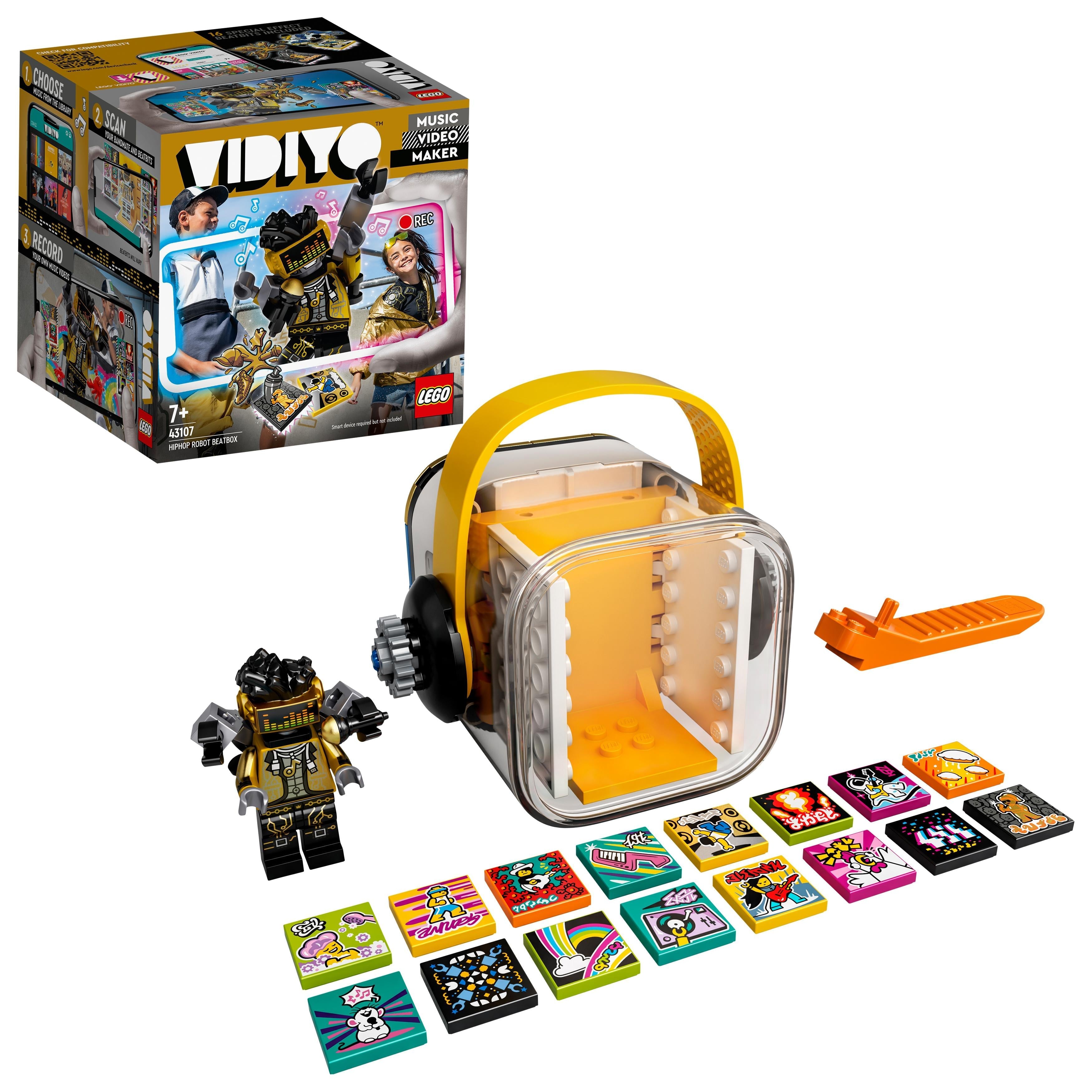 LEGO VIDIYO HipHop Robot BeatBox Set 43107 with robot, music maker box, and colorful music tiles for creative fun.