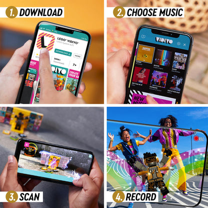 Steps to create music videos with LEGO® VIDIYO™: download app, choose music, scan QR code, and record fun moments.