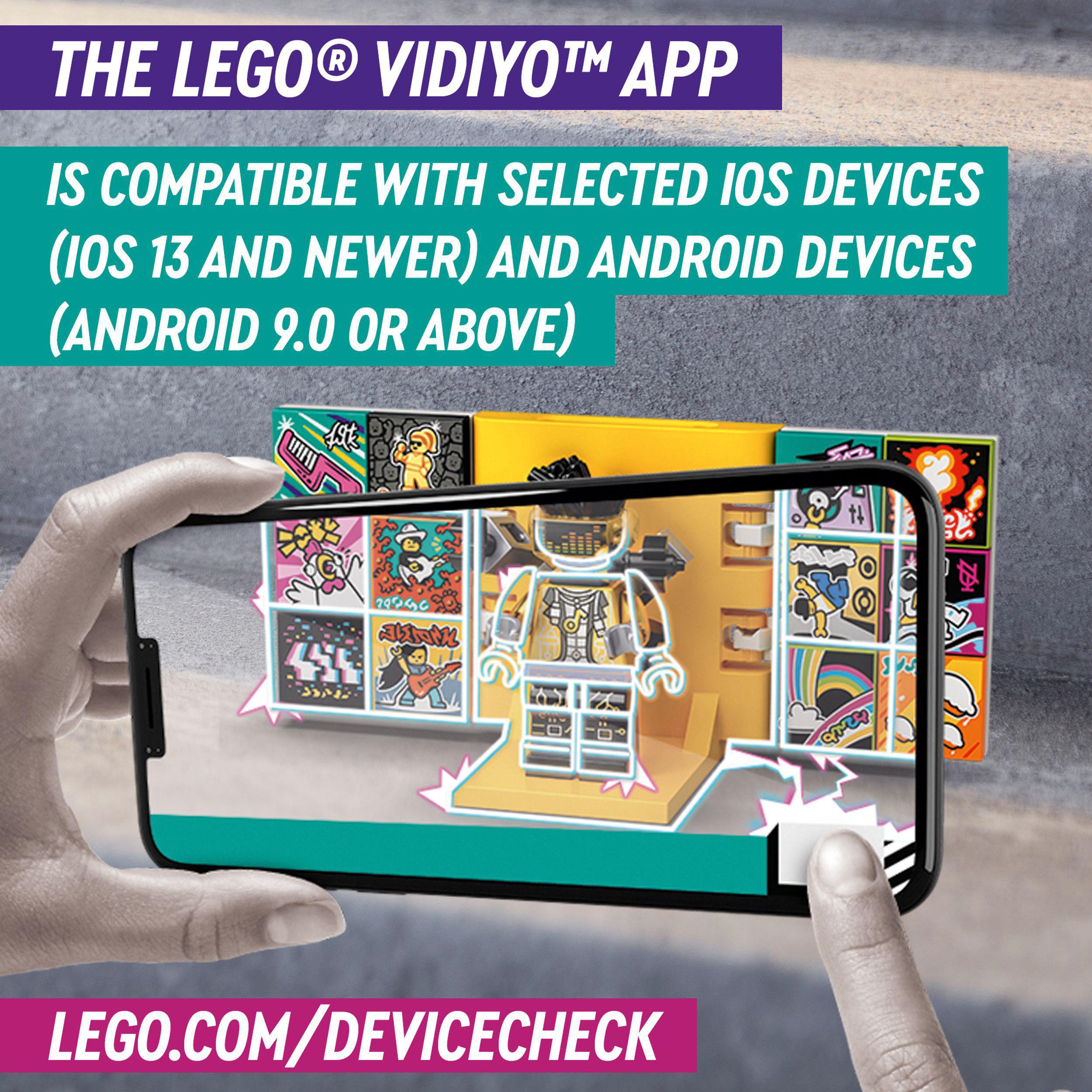 LEGO® VIDIYO™ app compatibility display on smartphone showing HipHop Robot BeatBox music set features.