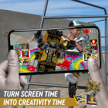 Child directing a music video using LEGO® VIDIYO HipHop Robot BeatBox set on a smartphone, showcasing creativity.