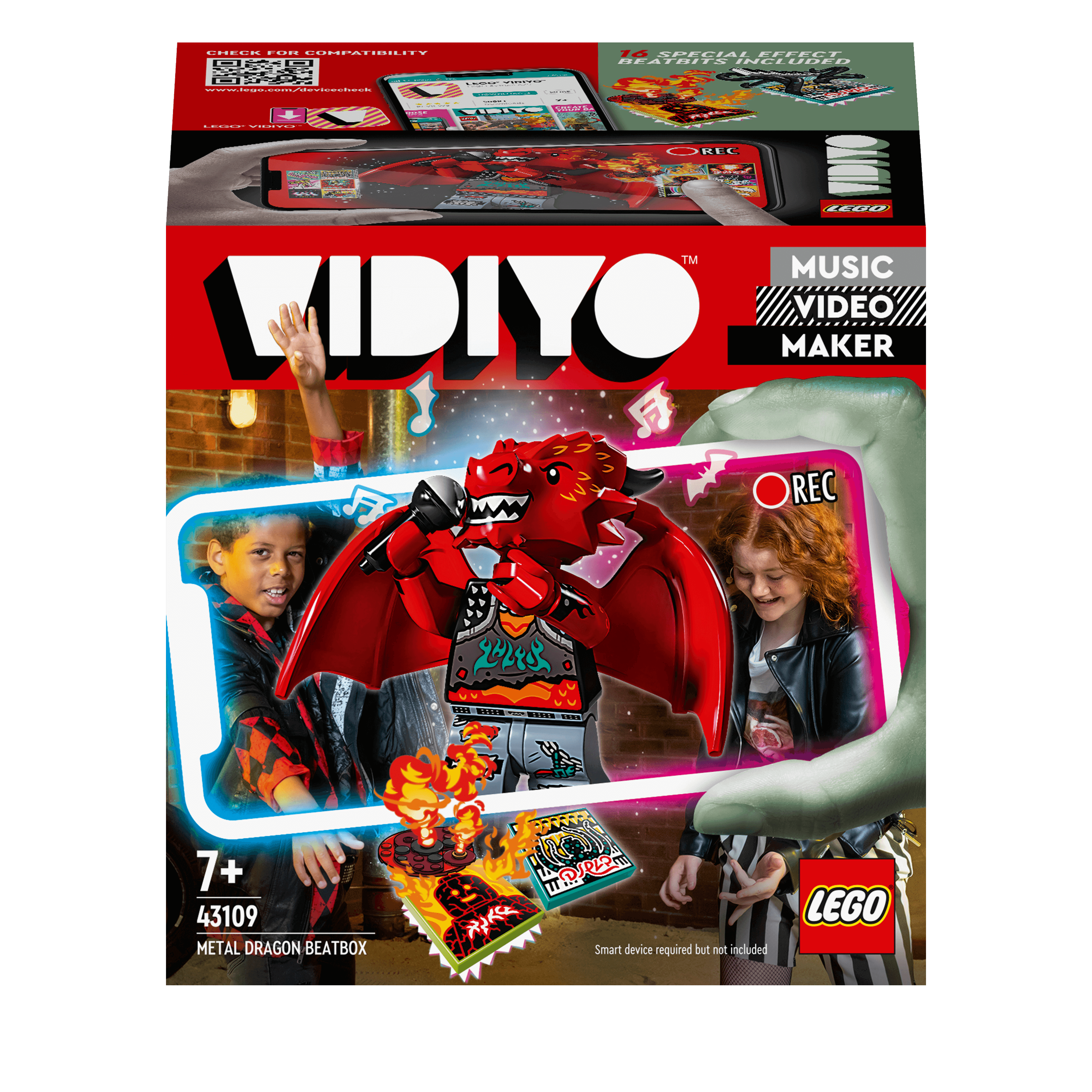 LEGO VIDIYO Metal Dragon BeatBox set 43109, featuring kids creating music videos with interactive app and dragon figure.