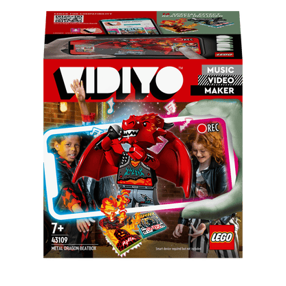 LEGO VIDIYO Metal Dragon BeatBox set 43109, featuring kids creating music videos with interactive app and dragon figure.