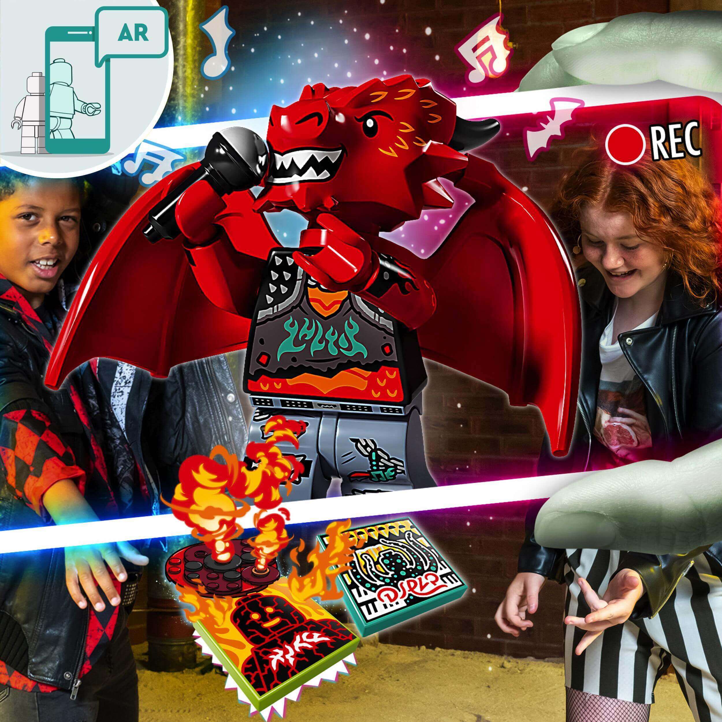Kids enjoying LEGO® VIDIYO Metal Dragon BeatBox set, creating music videos with AR features and a vibrant dragon figure.