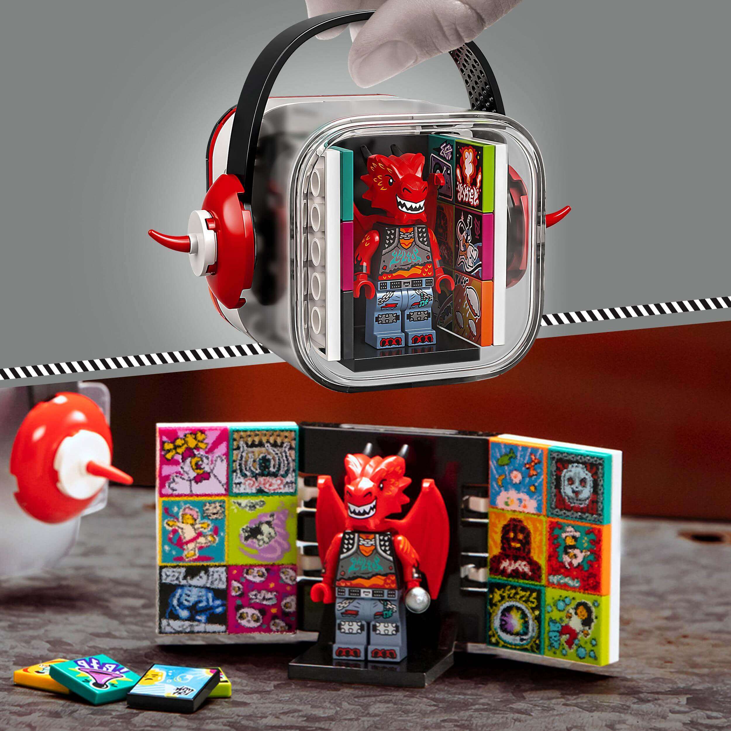 LEGO VIDIYO Metal Dragon BeatBox set featuring a dragon character and colorful music tiles in a transparent case.