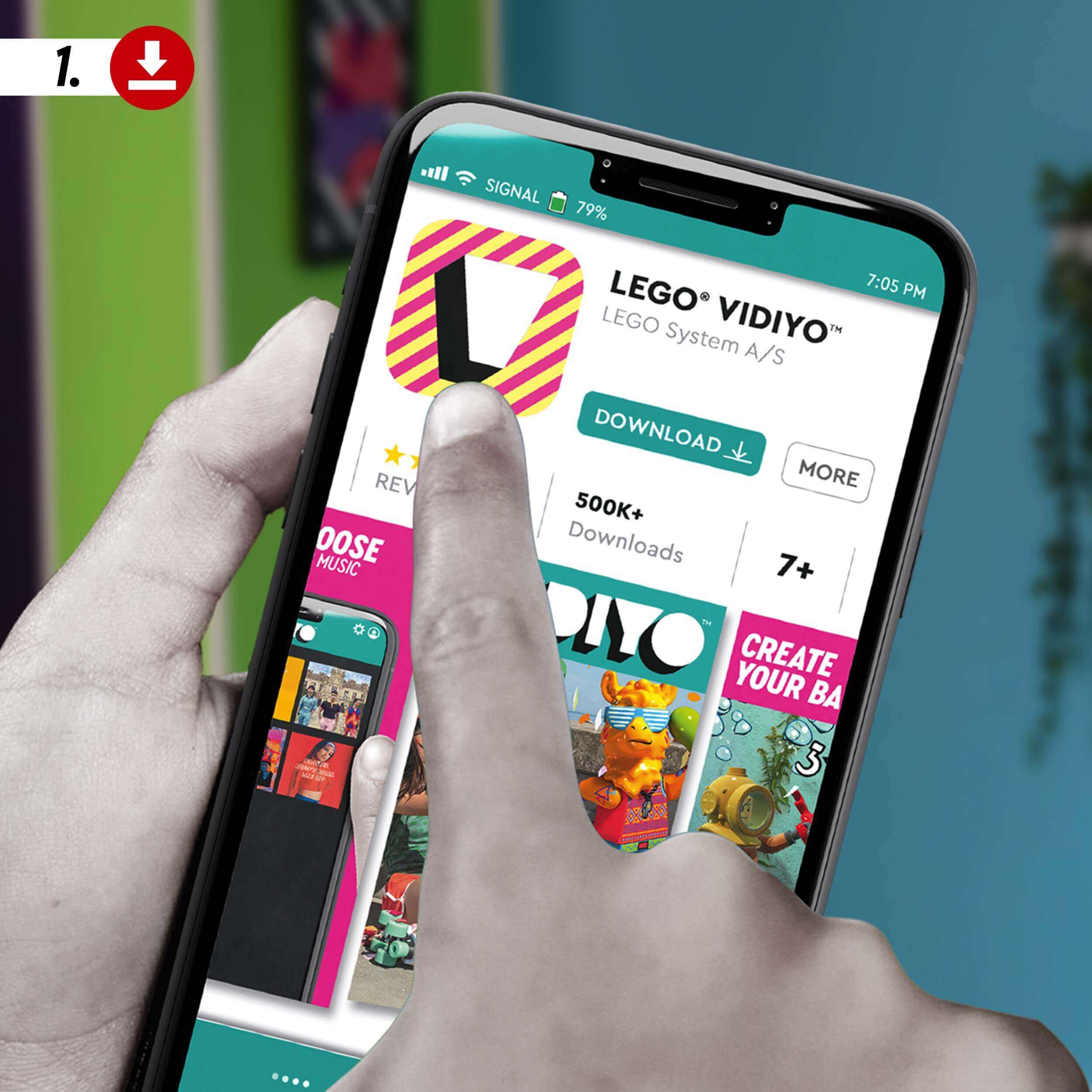 Person downloading LEGO® VIDIYO app on a smartphone showcasing music and video creation features.