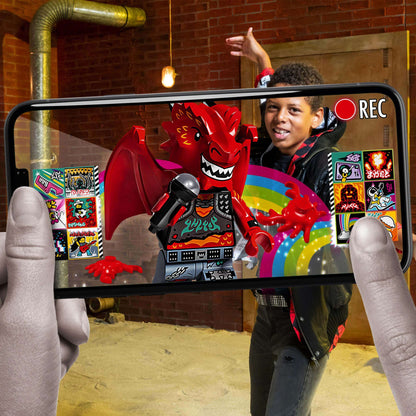 Child using LEGO® VIDIYO app to create music video with Metal Dragon BeatBox set, featuring colorful animations.