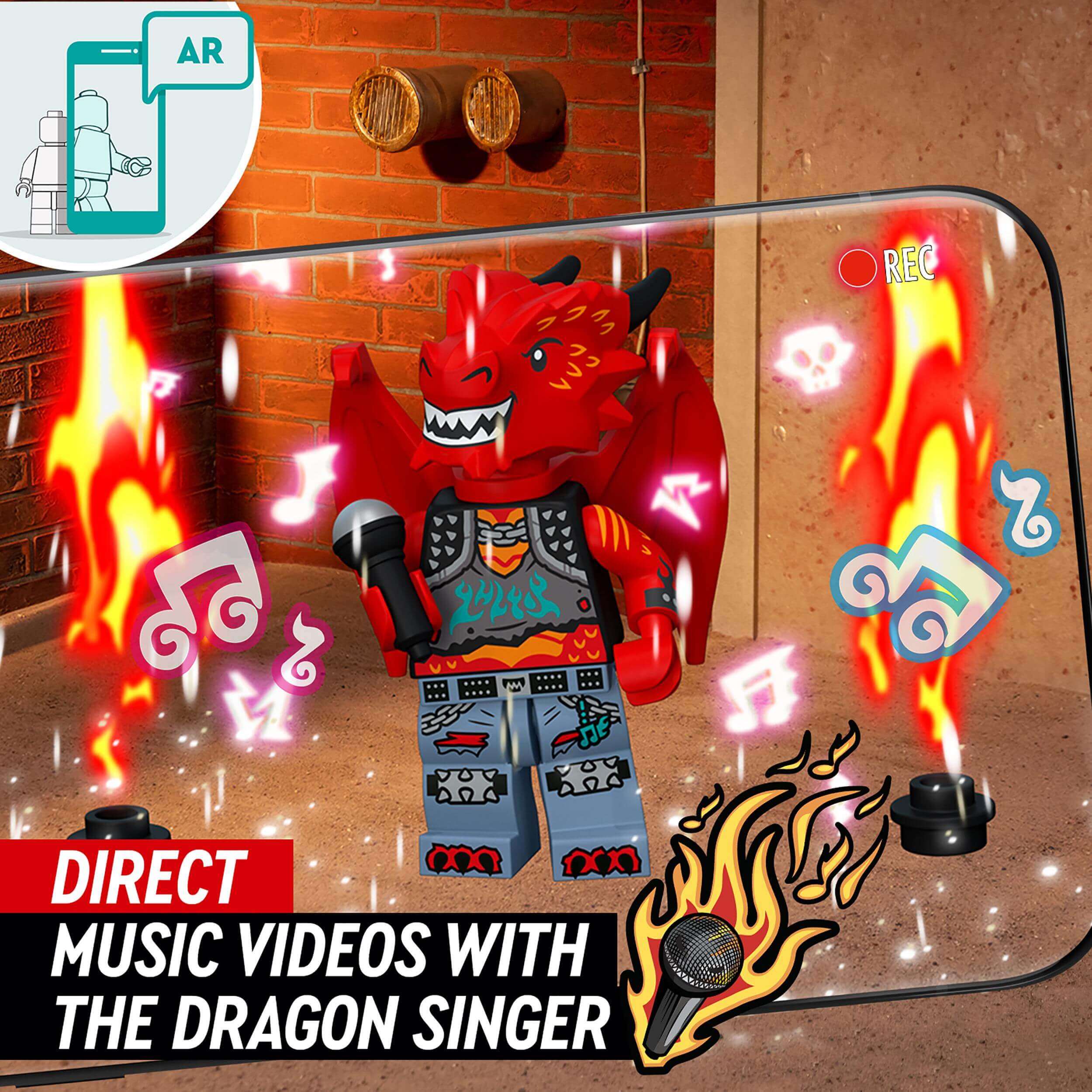 LEGO VIDIYO Metal Dragon BeatBox set featuring the Dragon Singer directing music videos with AR effects.