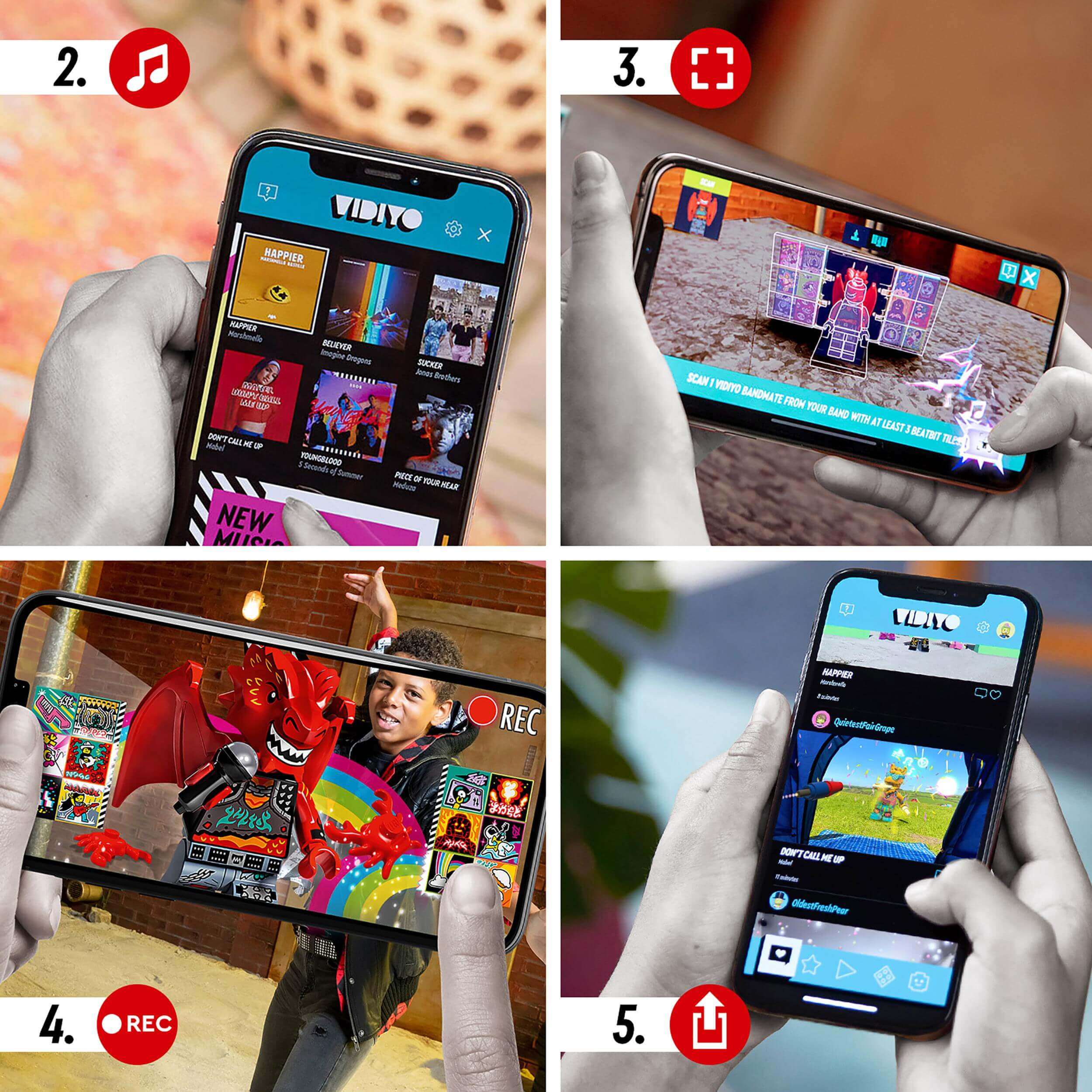 Kids using LEGO VIDIYO app to create and share music videos with Metal Dragon BeatBox set superimposed.