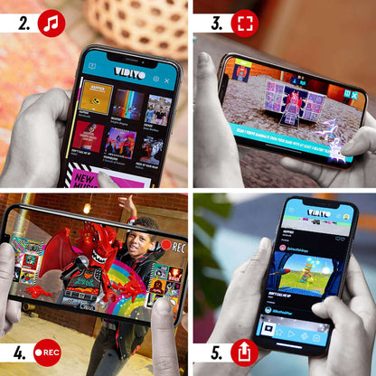 Kids using LEGO VIDIYO app to create and share music videos with Metal Dragon BeatBox set superimposed.