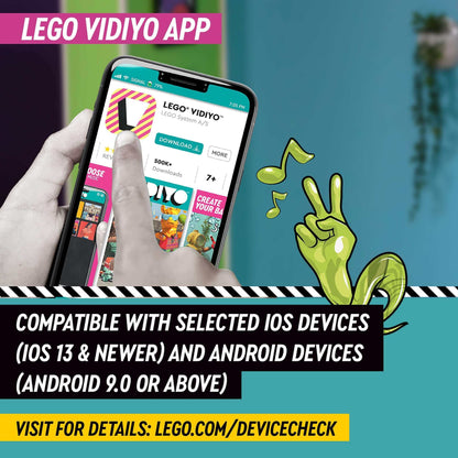 Screenshot of LEGO VIDIYO app on a smartphone, showcasing compatibility with iOS and Android devices.