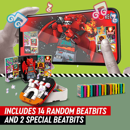 LEGO® VIDIYO Metal Dragon BeatBox set showcasing app features, 14 random BeatBits, and 2 special BeatBits for kids' music videos.