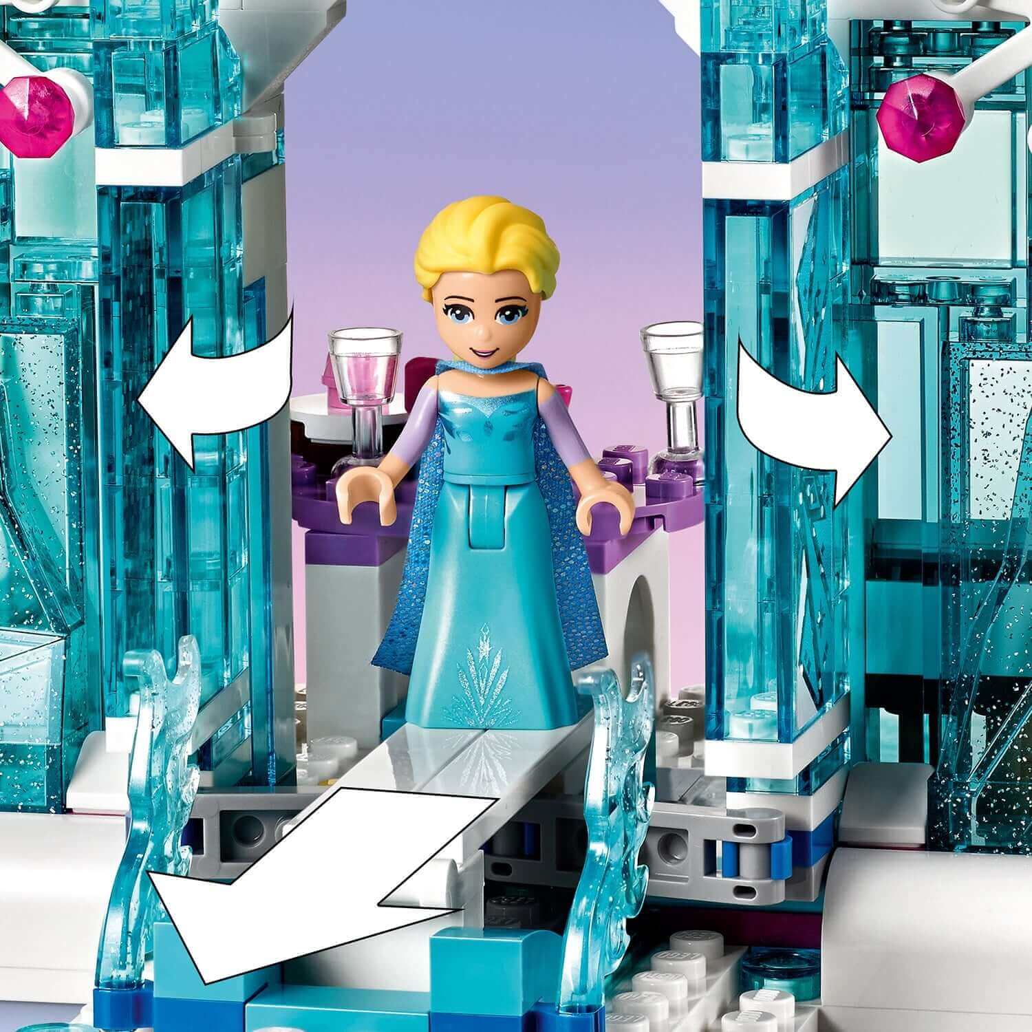 LEGO Disney Frozen Elsa minifigure in her Magical Ice Palace set 43172, featuring shimmering ice and fun builds.