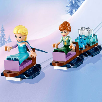 Elsa and Anna on colorful sleds from LEGO® Disney Frozen set, showcasing winter adventure and fun.