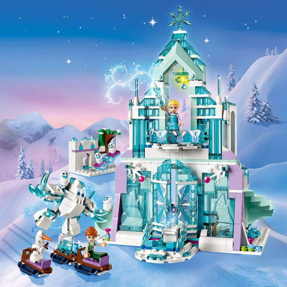LEGO® Disney Frozen Elsa’s Magical Ice Palace 43172 features Elsa, Olaf, and Olaf's robot in a snowy landscape.