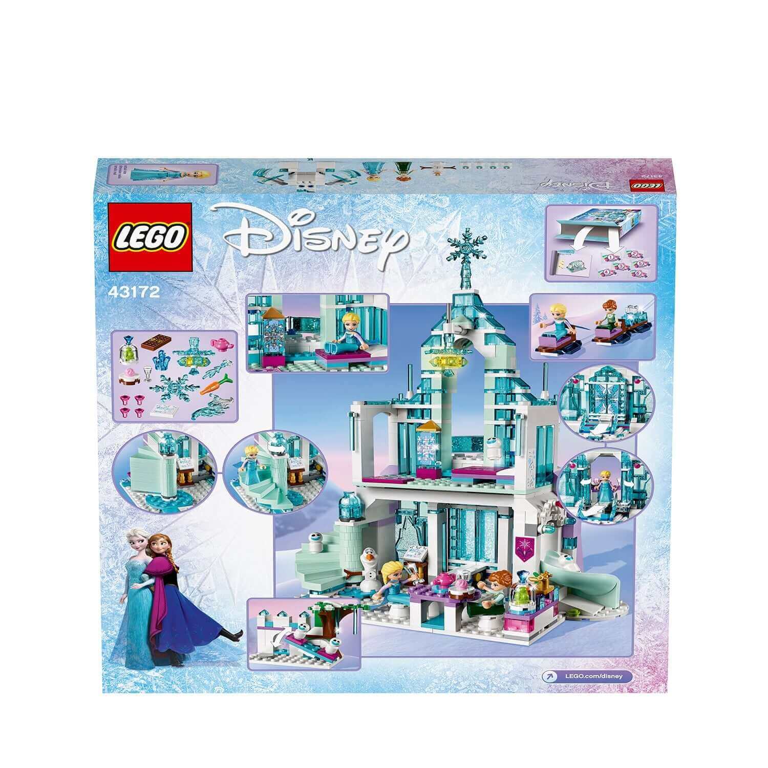 LEGO Disney Frozen Elsa’s Magical Ice Palace 43172 box featuring detailed assembly and characters for imaginative play.