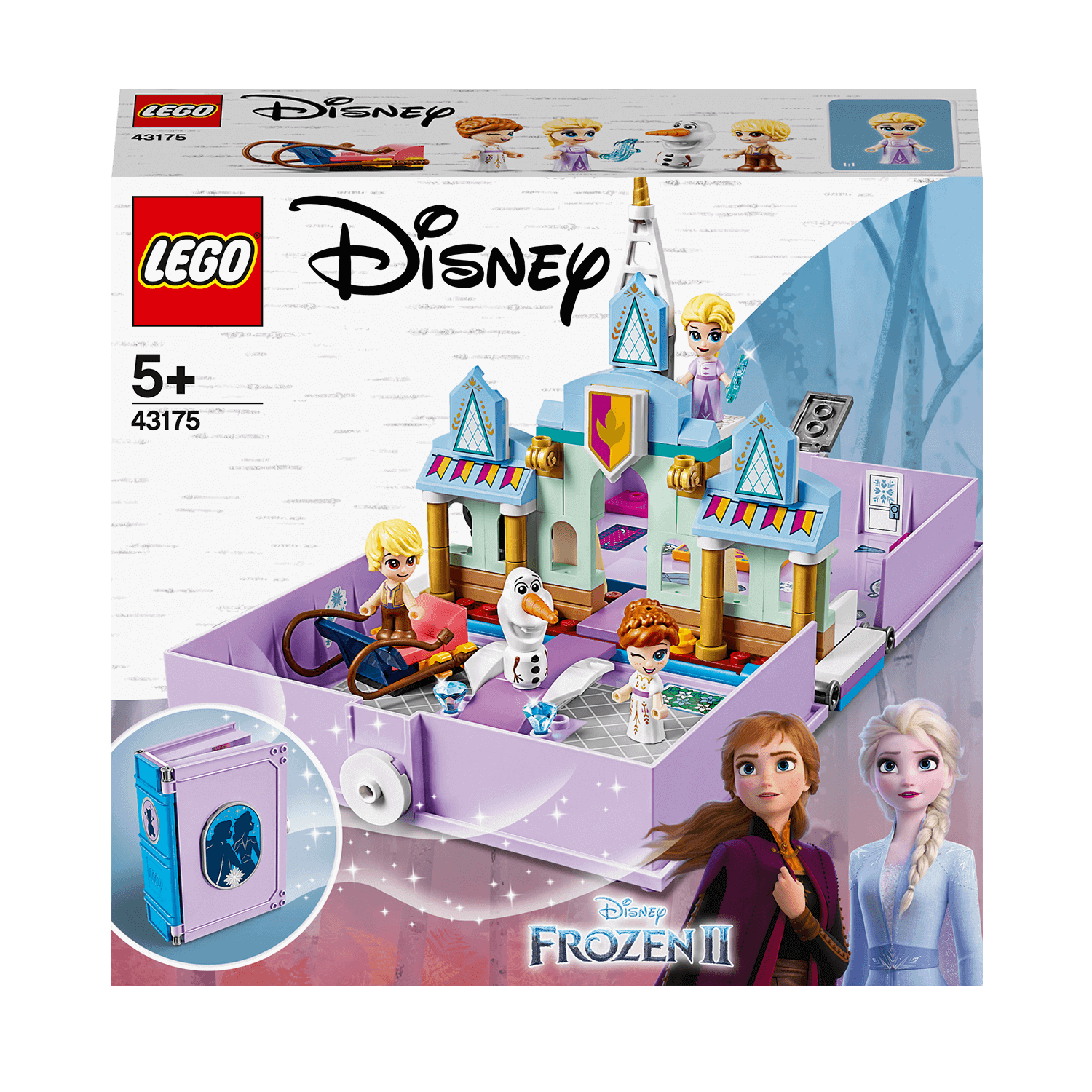 LEGO Disney Frozen II Anna and Elsa’s Storybook set 43175 featuring Arendelle castle, micro-dolls, and Olaf.