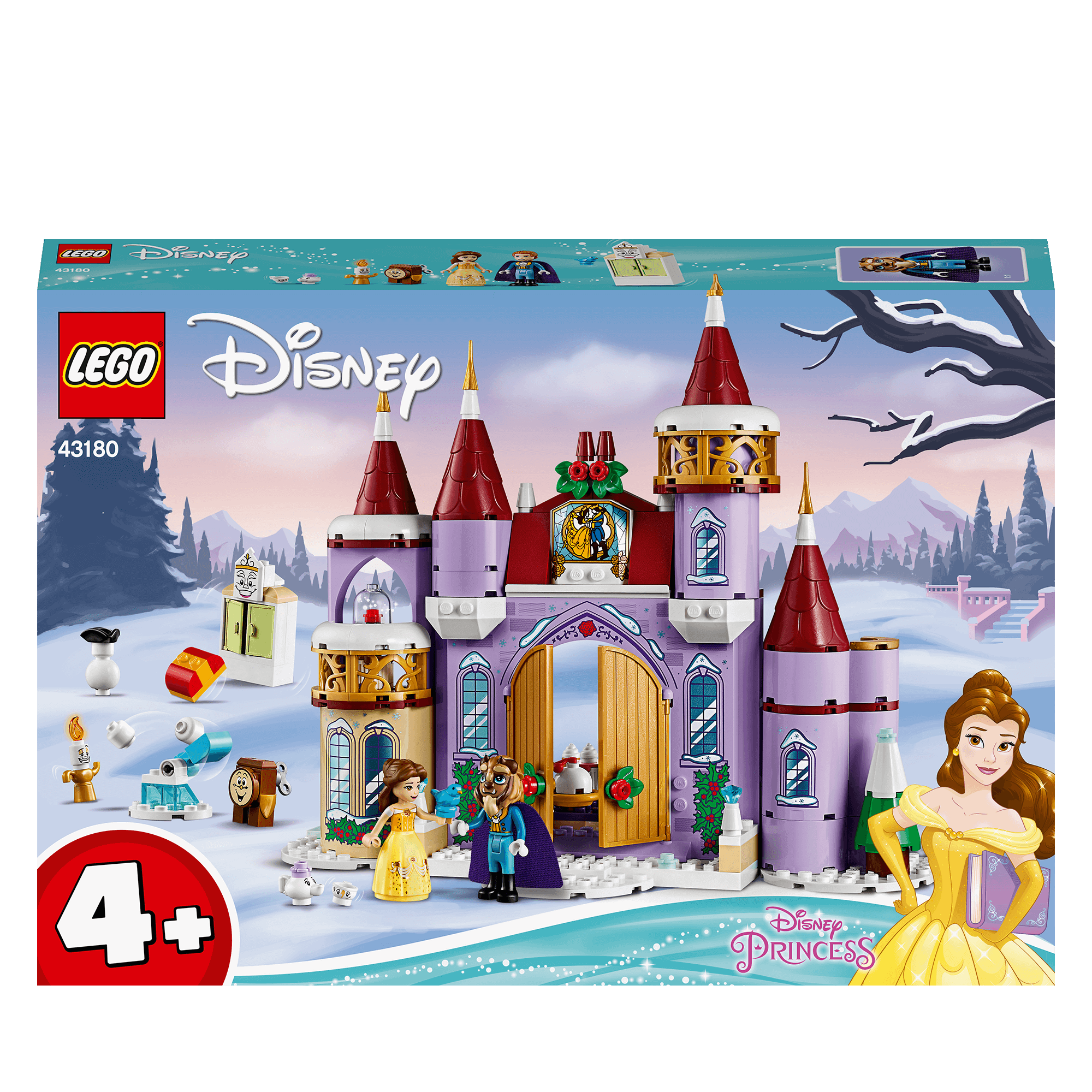LEGO Disney Princess Belle's Castle Winter Toy 43180 set featuring Belle, the Beast, and winter-themed accessories.