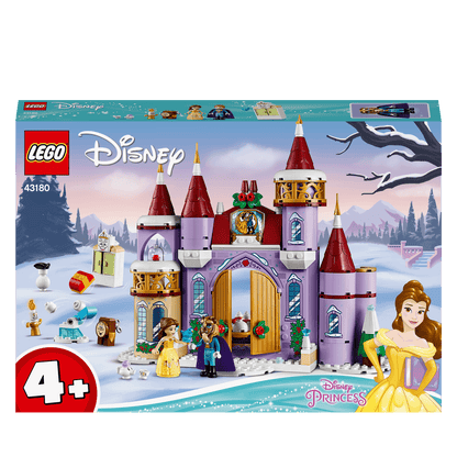 LEGO Disney Princess Belle's Castle Winter Toy 43180 set featuring Belle, the Beast, and winter-themed accessories.
