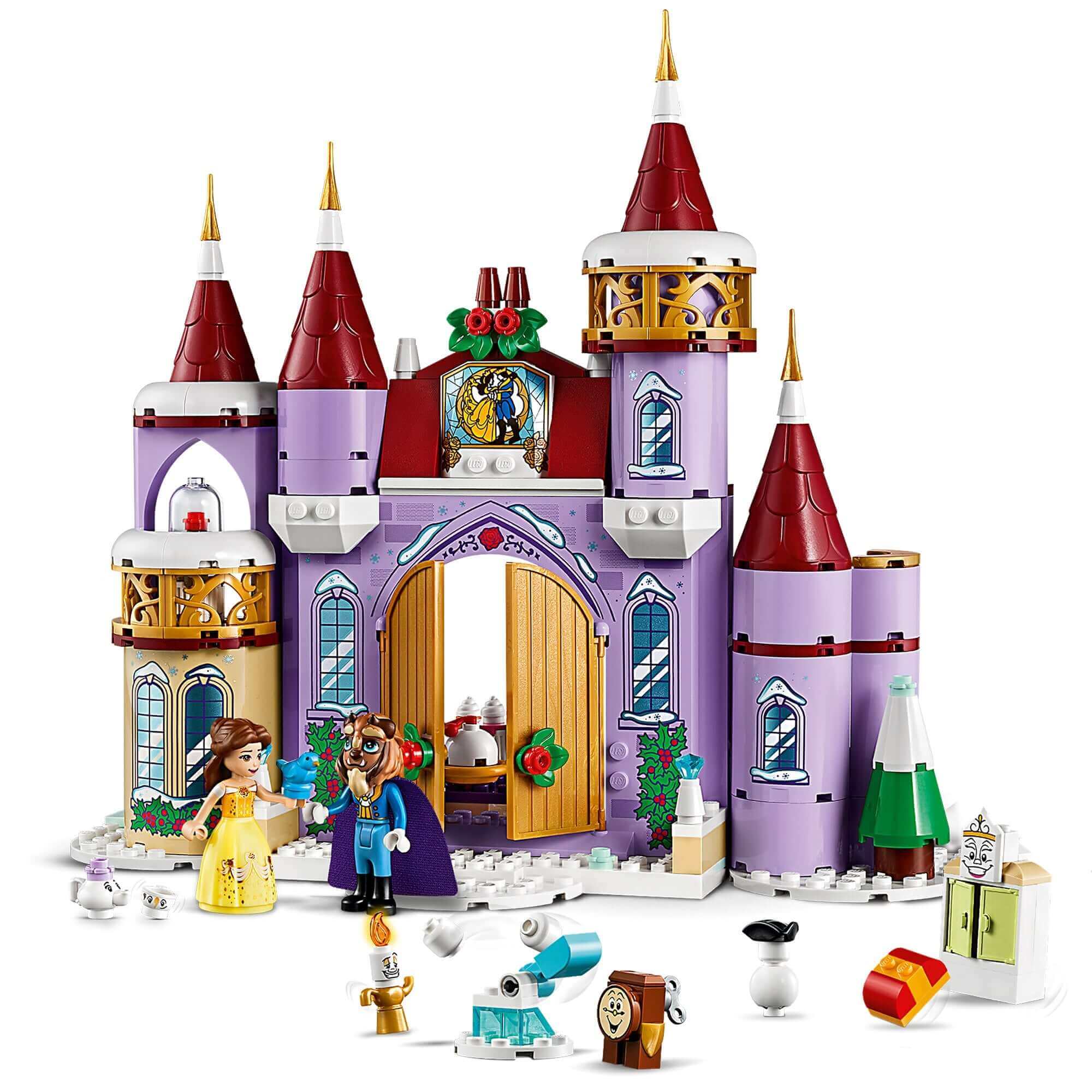 LEGO Disney Princess Belle's Castle Winter Toy 43180 with Belle, the Beast, and festive decorations.