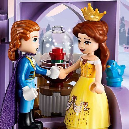 LEGO Disney Princess Belle and Beast figures in Belle’s Castle toy set, celebrating winter magic together.