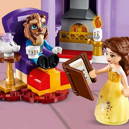 LEGO Disney Princess Belle with the Beast in a winter castle setting, showcasing a magical story moment.
