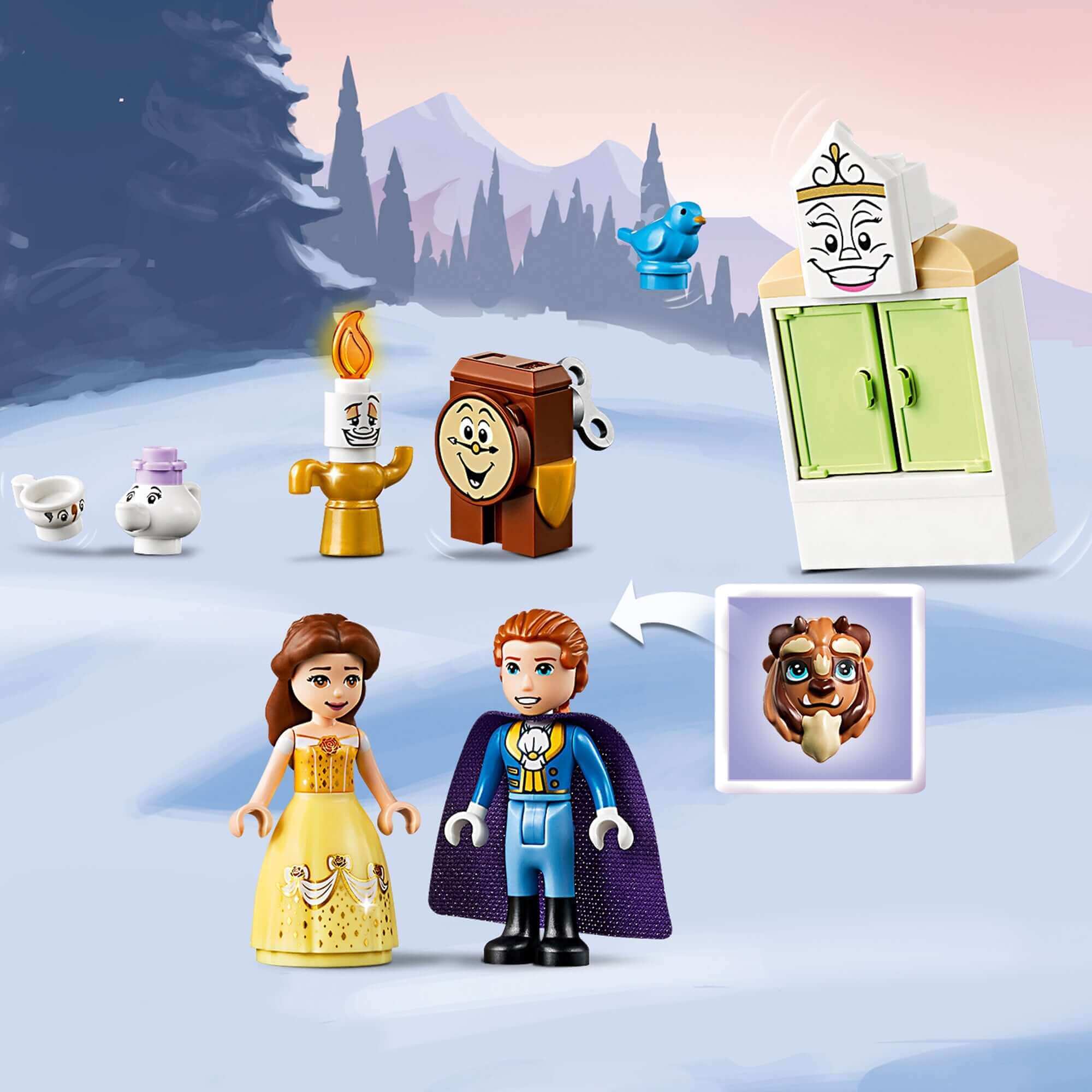 LEGO Disney Princess Belle's Castle Winter Toy featuring Belle, Beast, and beloved characters in a winter scene.