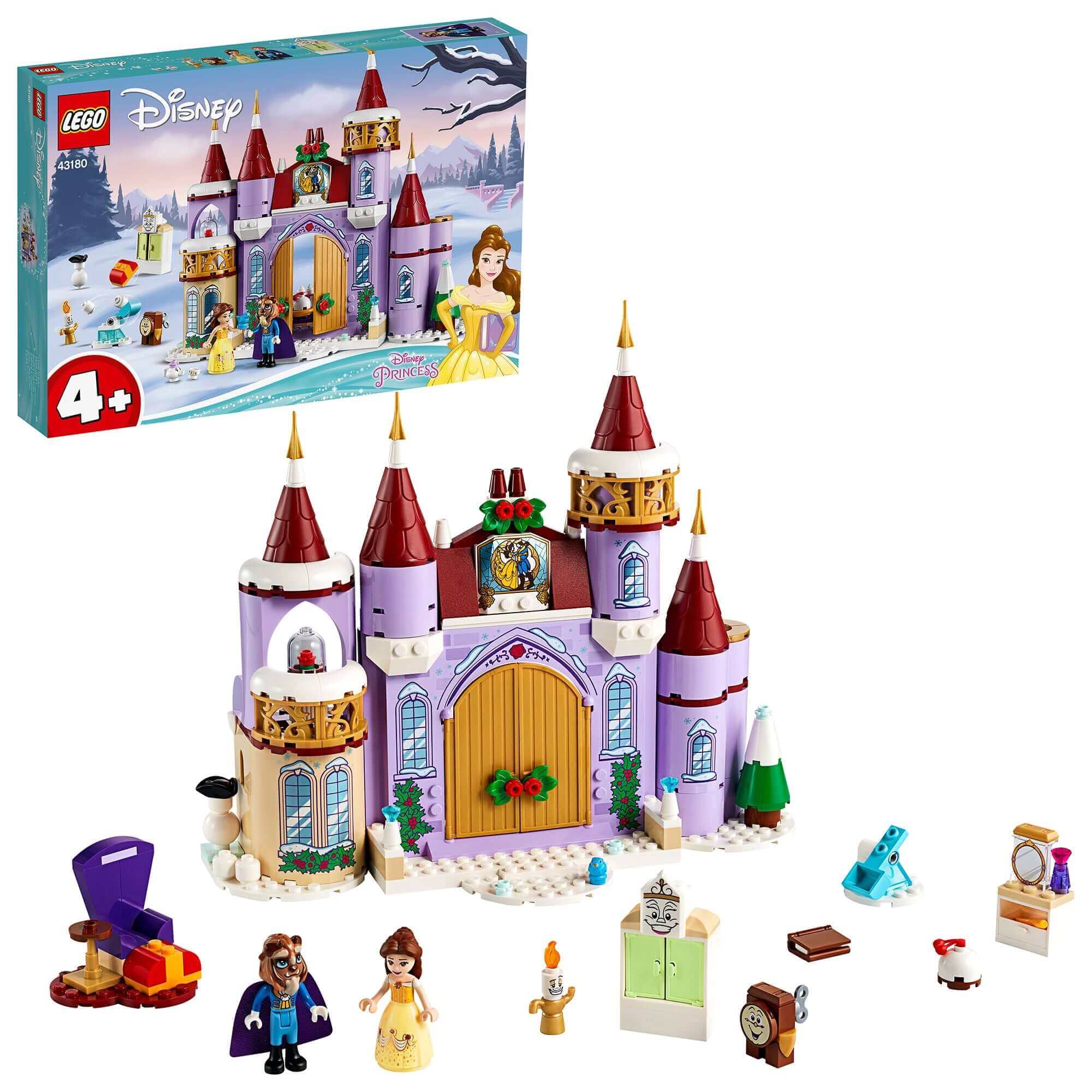 LEGO Disney Princess Belle’s Castle Winter Toy 43180 with characters, easy-to-build set, and winter-themed elements.
