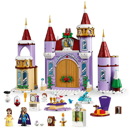 LEGO Disney Princess Belle’s Castle Winter Toy 43180 set with characters like Belle and the Beast, perfect for festive play.
