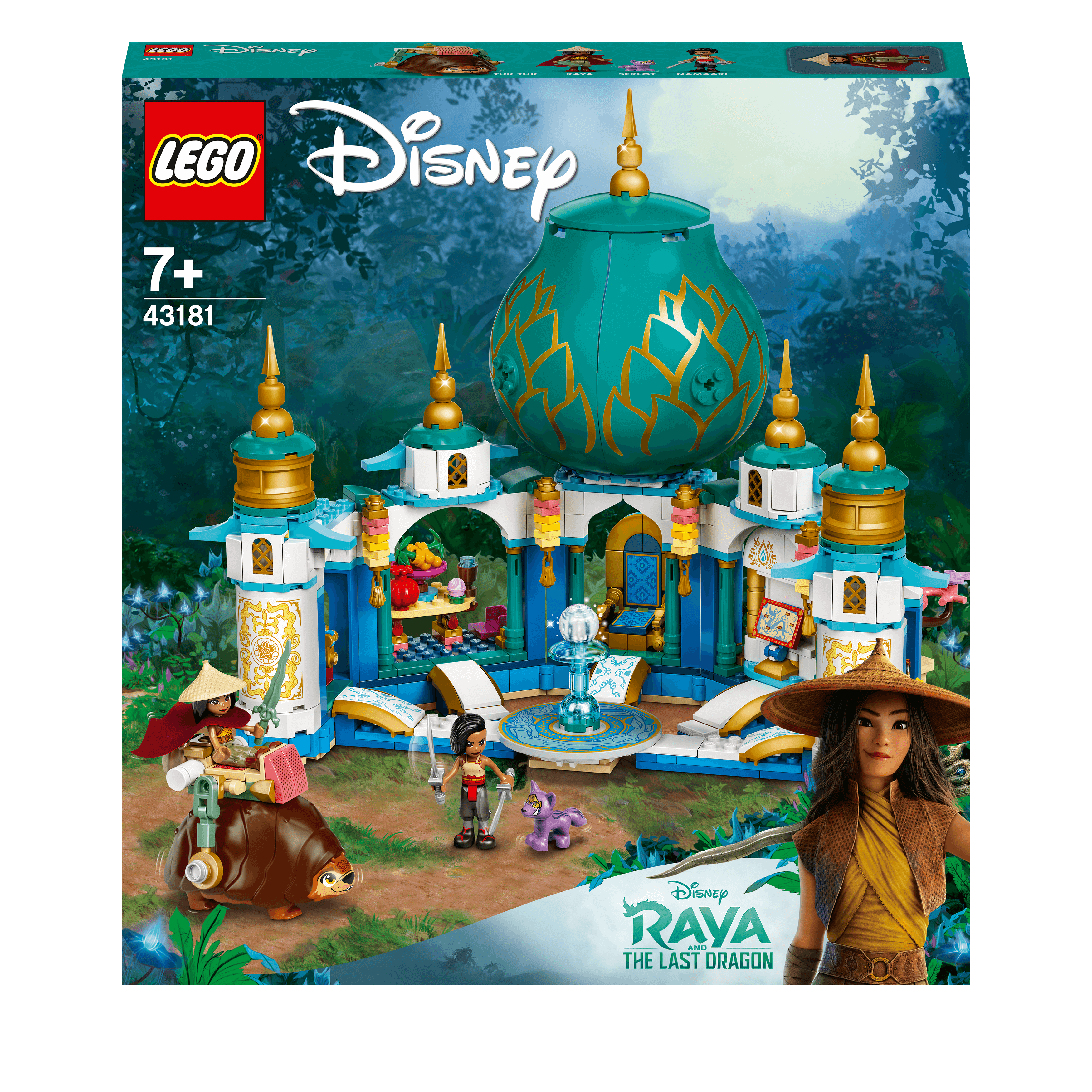 LEGO Disney Raya and the Heart Palace Playset 43181 with minifigures and vibrant jungle backdrop.